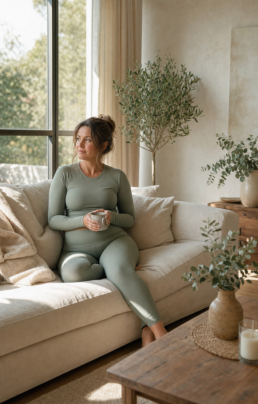 Woman ~35 wearing soft sage activewear sitting on cream sofa at home